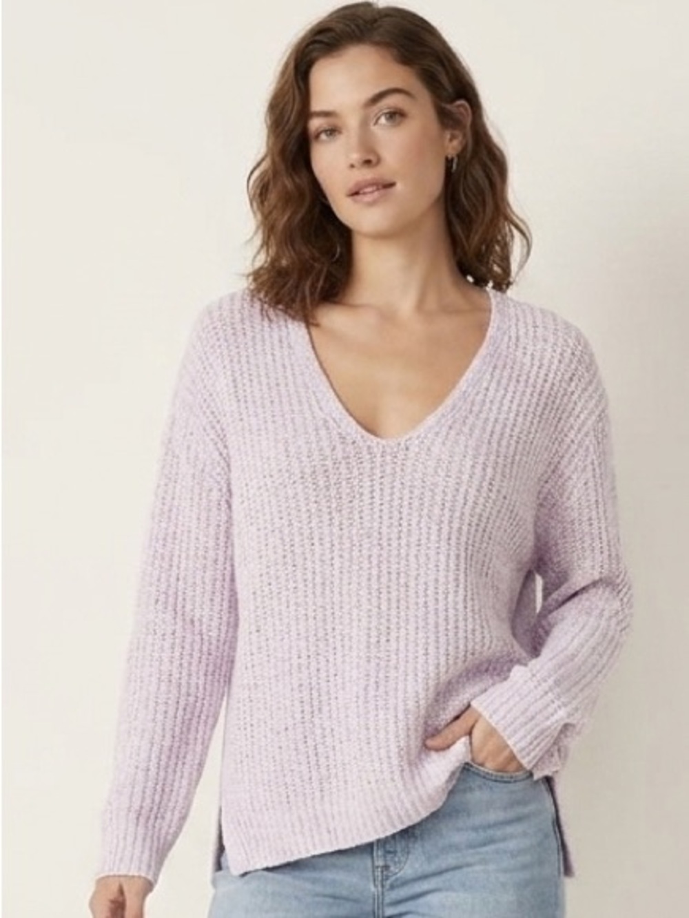 Express Lavender Purple V-Neck Knit Sweater Size Small Long Sleeve Cotton Blend